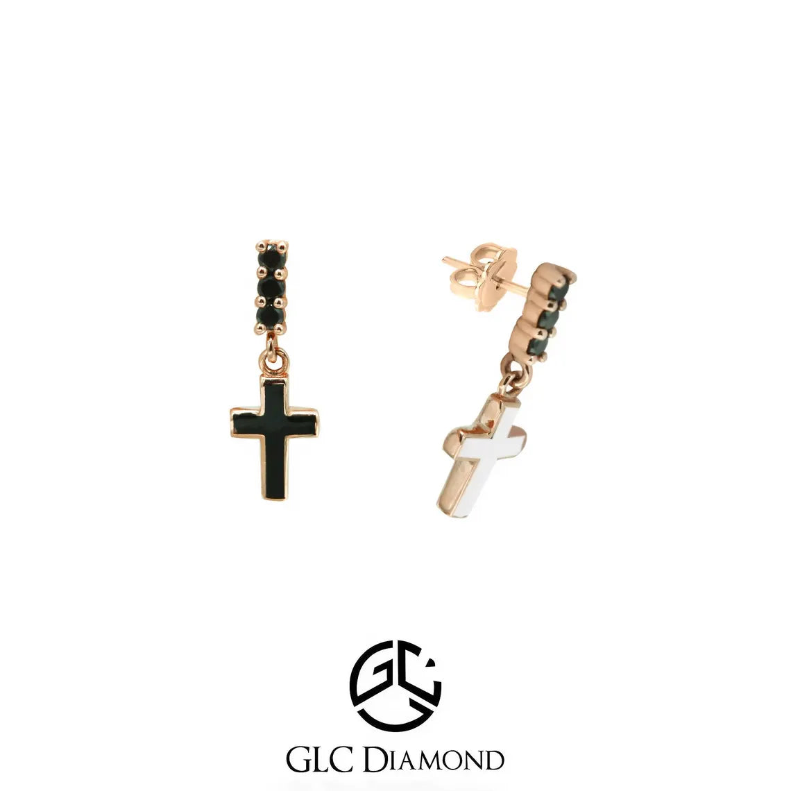 14K Gold Black Enamel Cross Earrings / Gothic Jewelry for Women