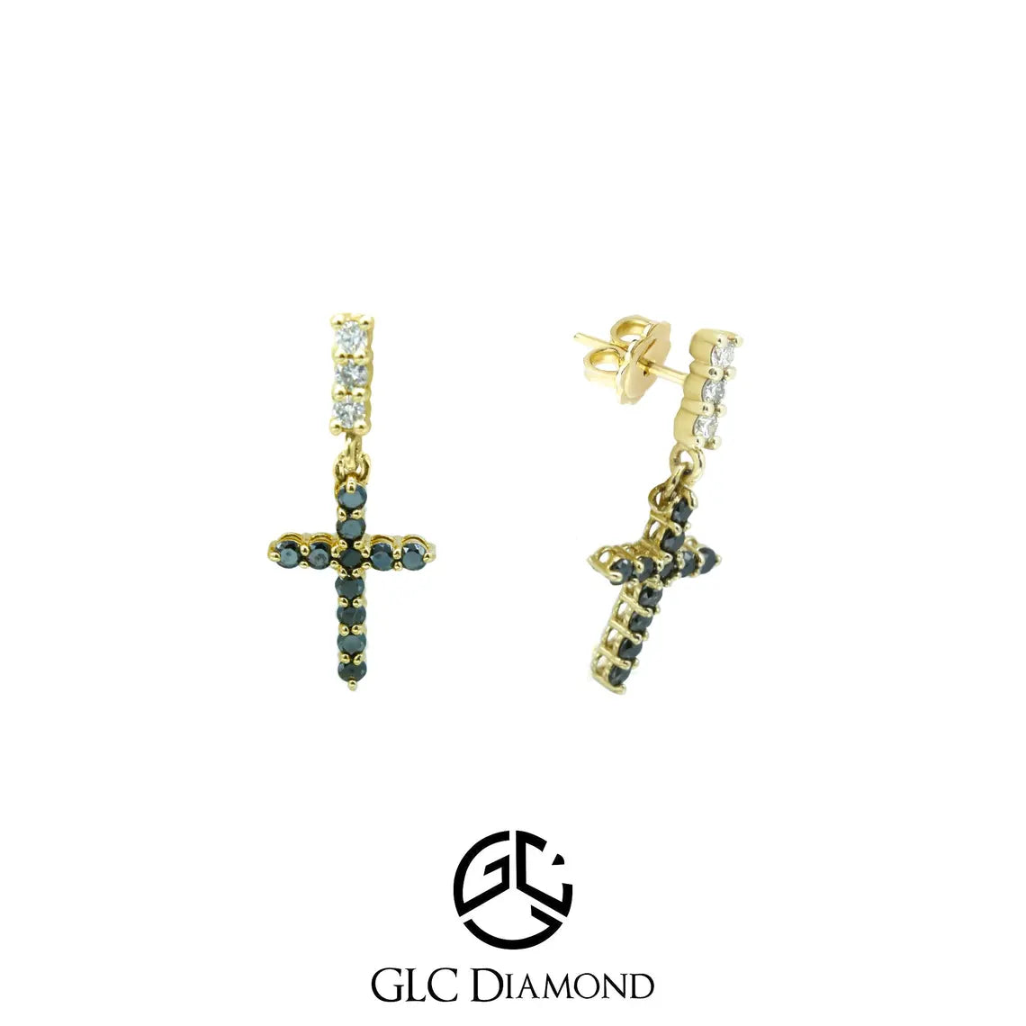 14K Gold Natural Black Diamond Cross Earrings