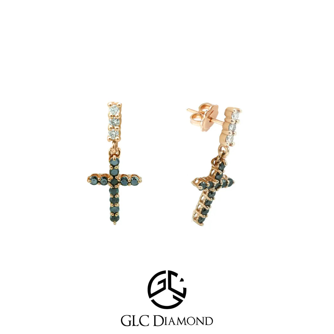 14K Gold Natural Black Diamond Cross Earrings