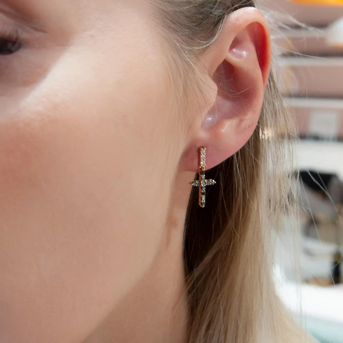 14K Gold Natural Black Diamond Cross Earrings
