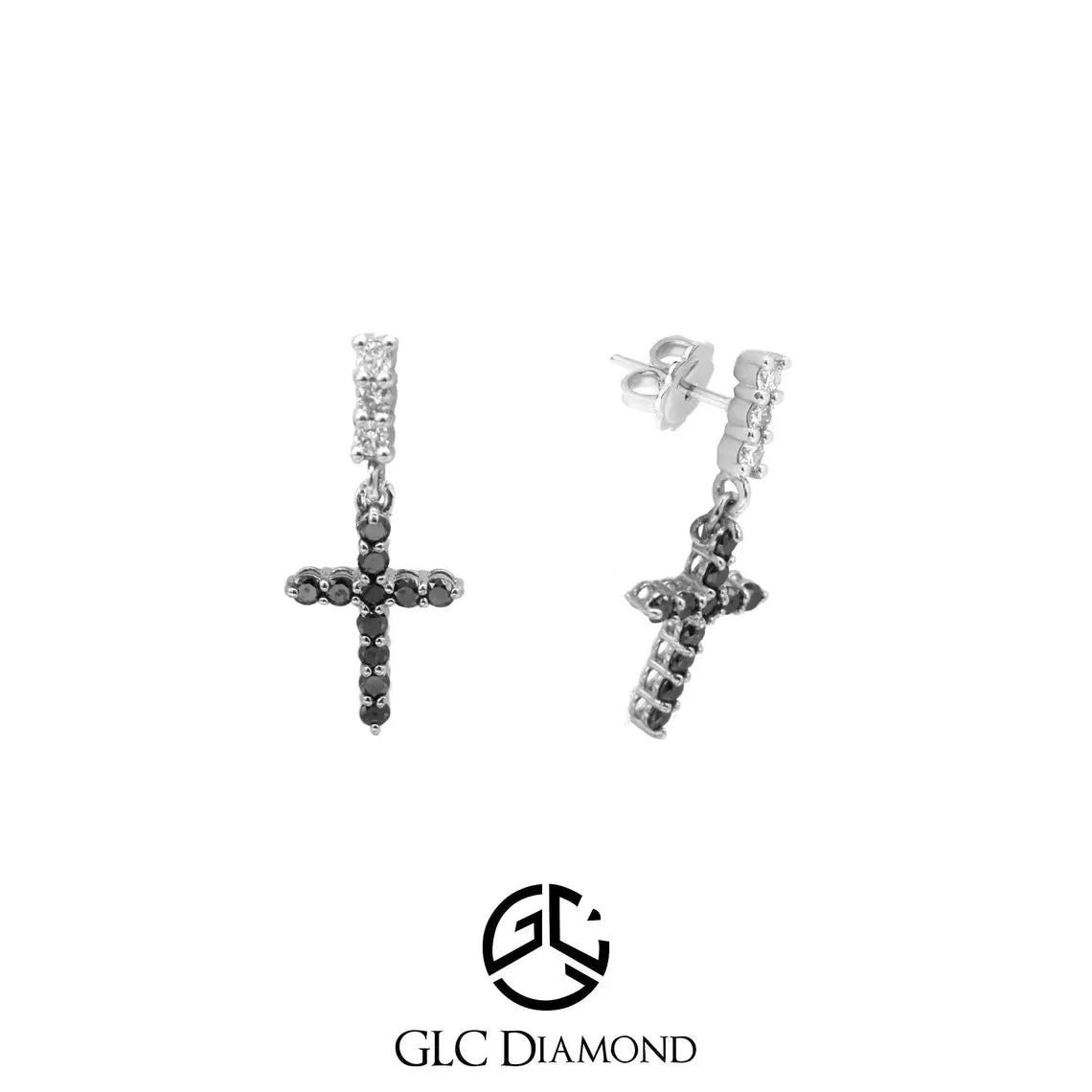 14K Gold Natural Black Diamond Cross Earrings