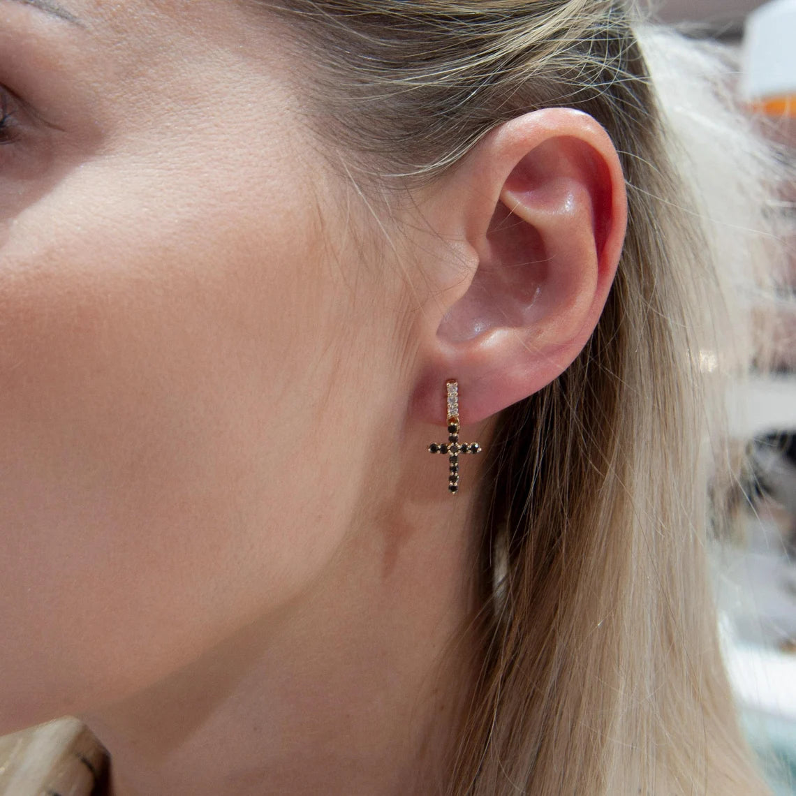 14K Gold Natural Black Diamond Cross Earrings