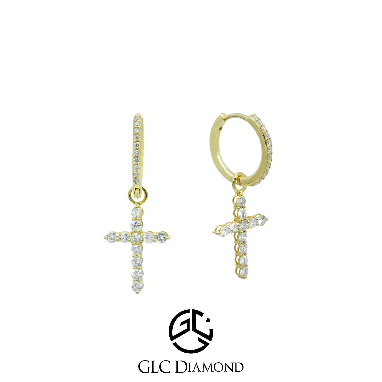 14K Diamond Cross Dangle Huggie Hoop Earrings, Religious Gift