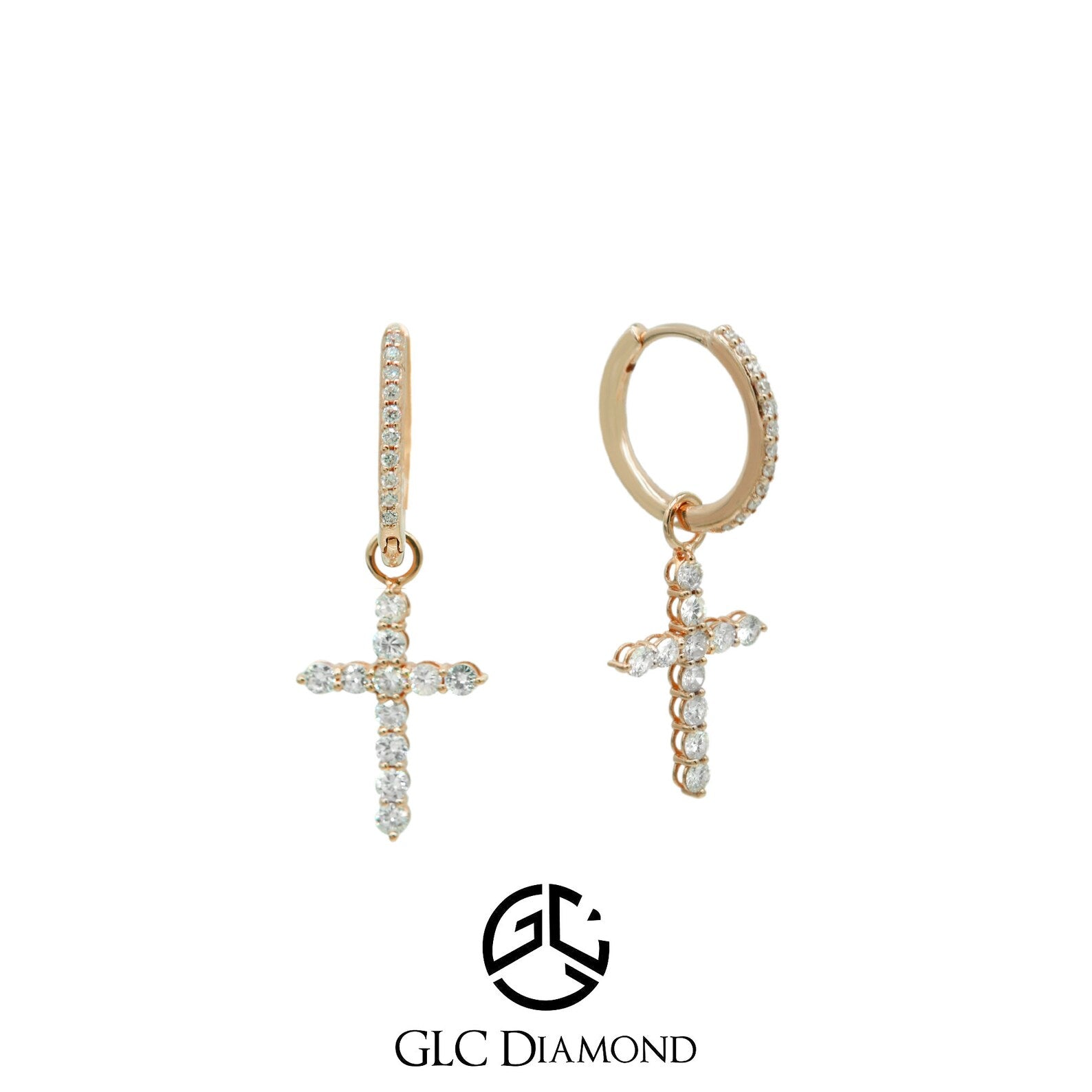 14K Diamond Cross Dangle Huggie Hoop Earrings, Religious Gift