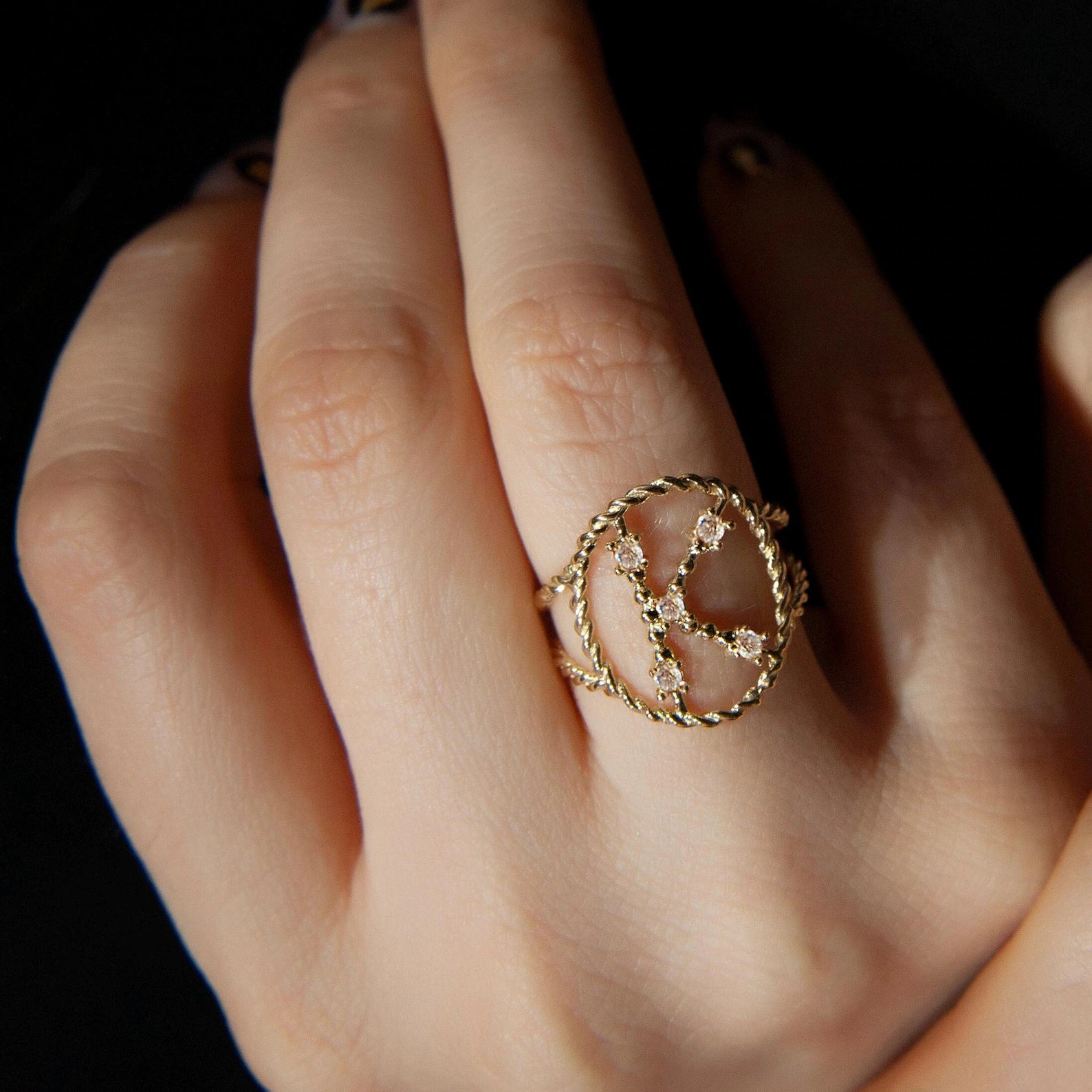 14K Gold Diamond Initial K Ring: Personalized Rope Design