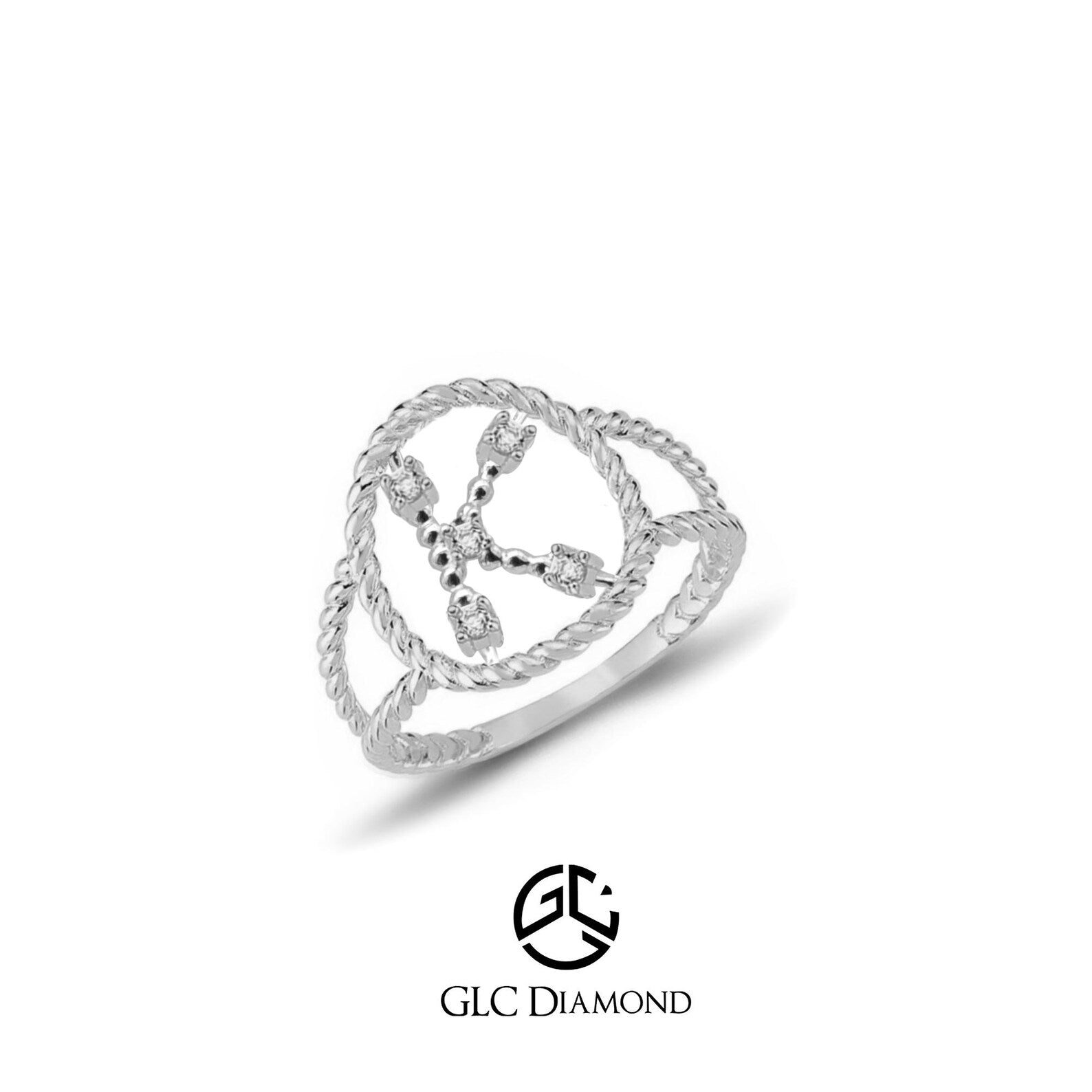 14K Gold Diamond Initial K Ring: Personalized Rope Design