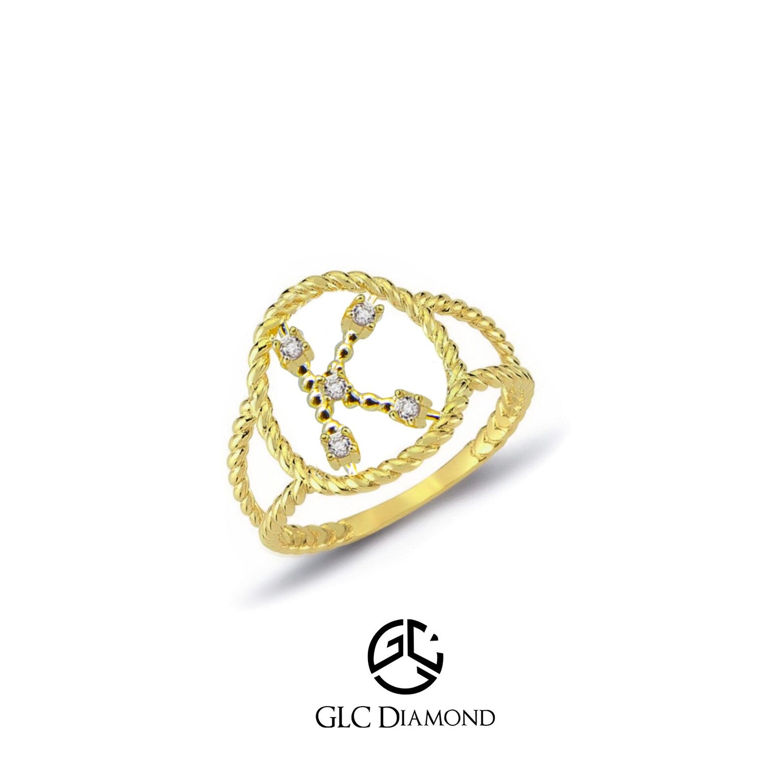 14K Gold Diamond Initial K Ring: Personalized Rope Design