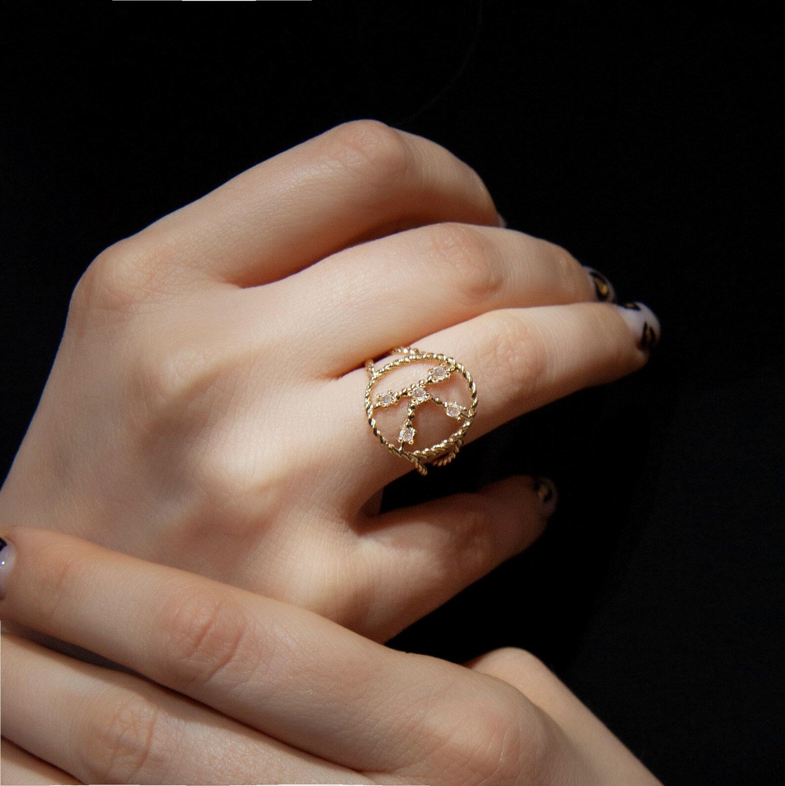 14K Gold Diamond Initial K Ring: Personalized Rope Design