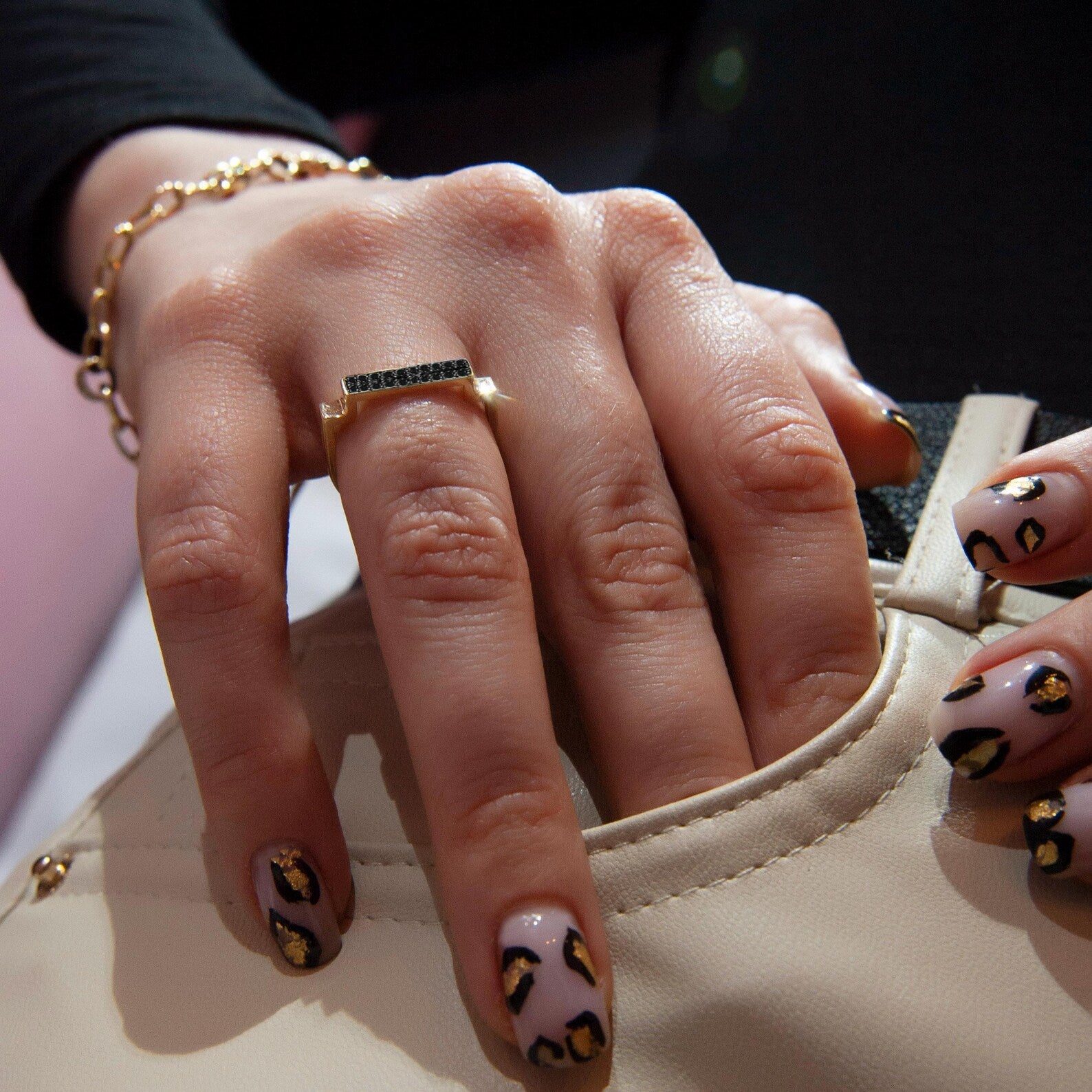 14K Gold Bar Ring: Geometric Black Diamond Promise Ring