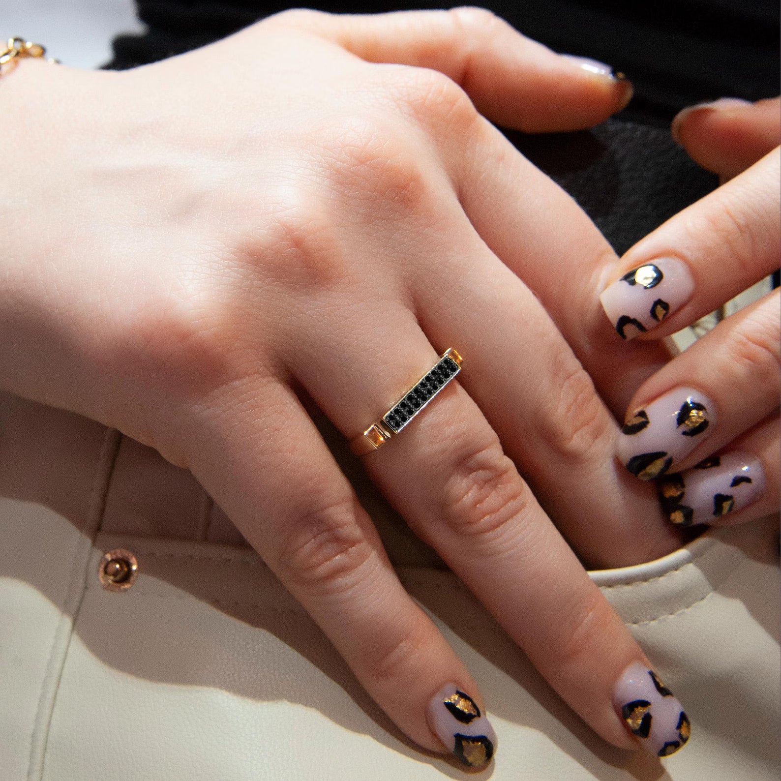 14K Gold Bar Ring: Geometric Black Diamond Promise Ring