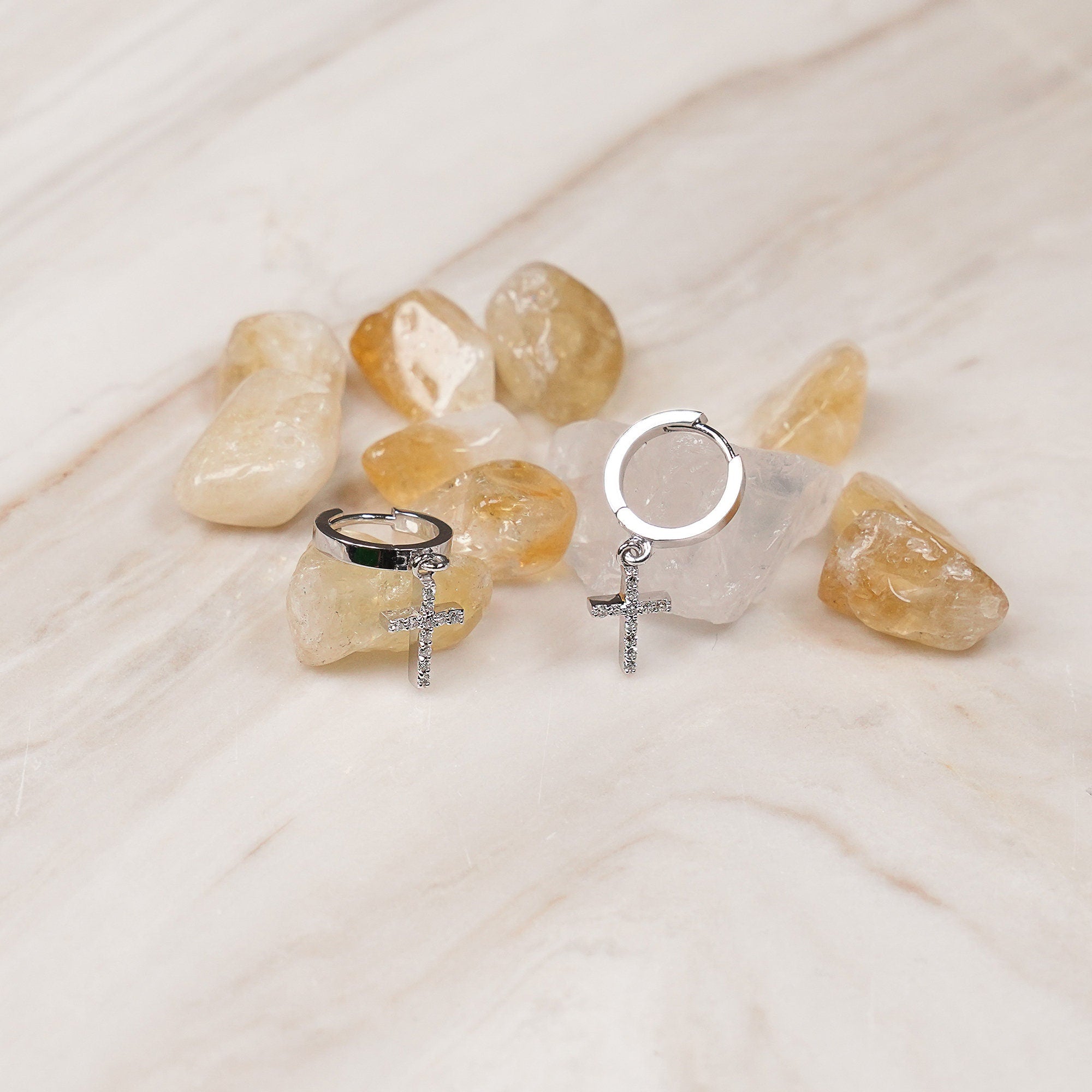 14K Diamond Cross Huggie Hoop Earrings