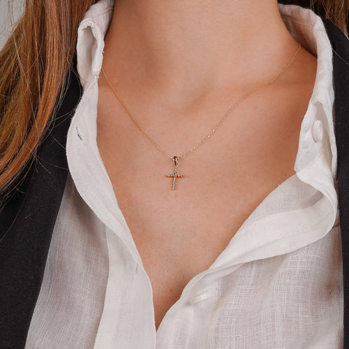 14K Gold 0.07 Ct Diamond Cross Necklace, Christian Cross Pendant, Dainty Cross Jewelry