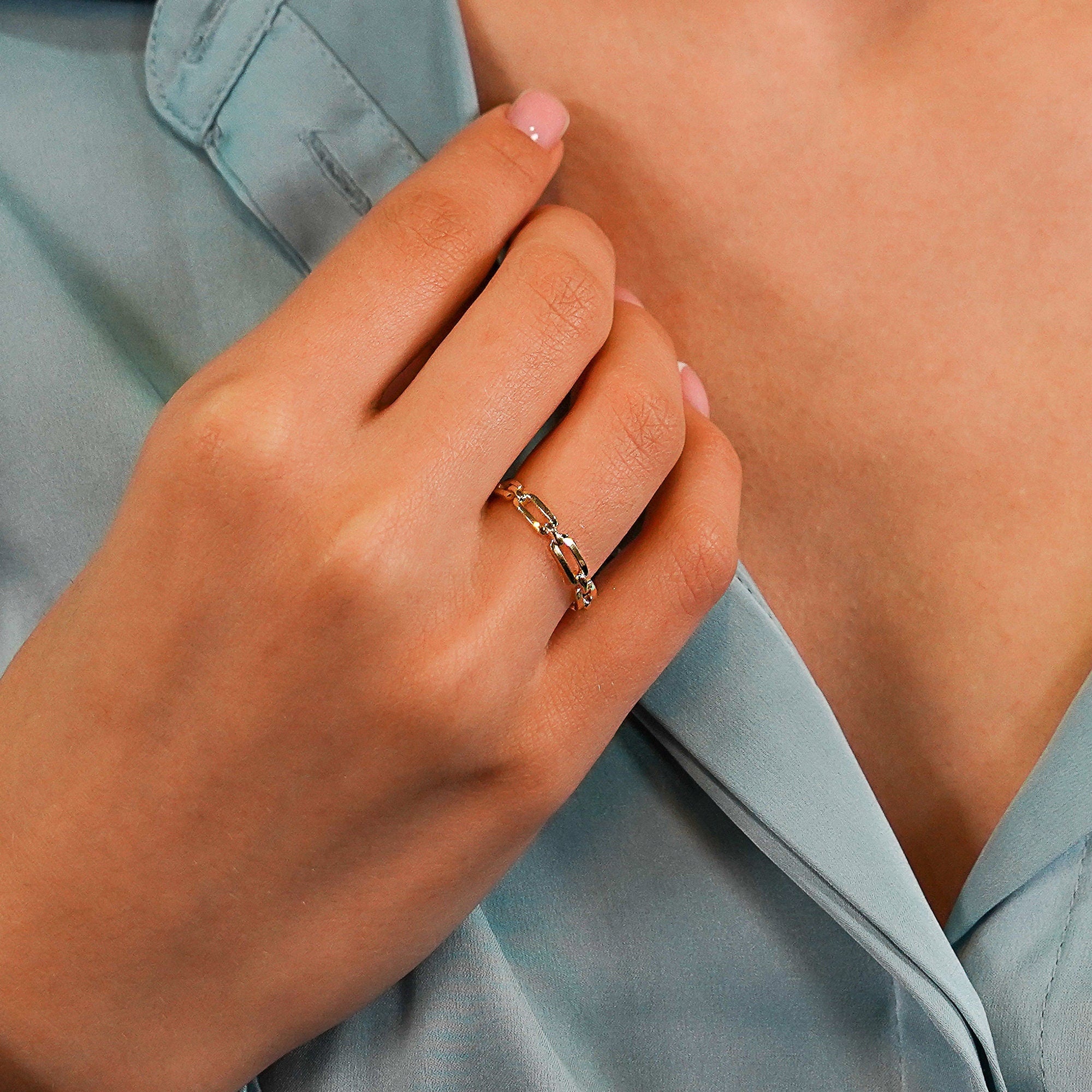 14K Gold Paperclip Chain Ring, Gold Chain Ring