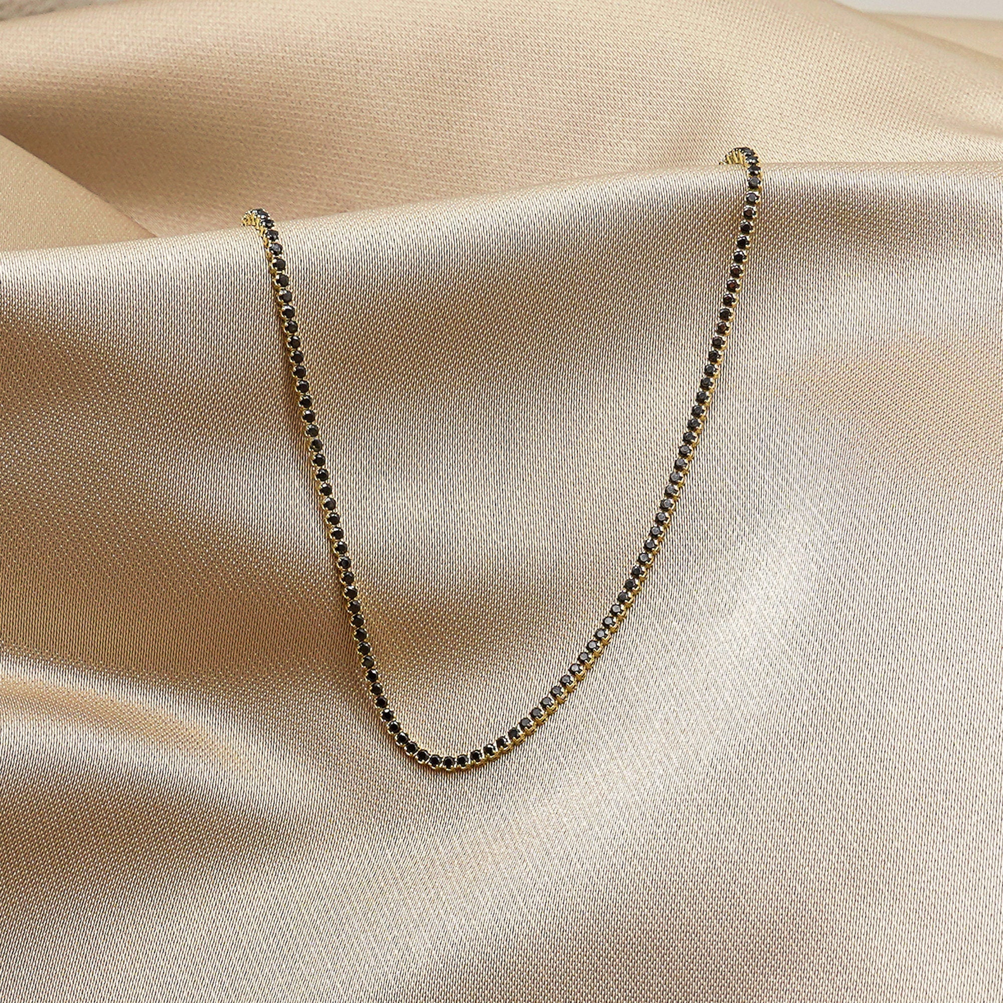14K Gold Tennis Necklace, Tennis Choker Necklace, Black Color Stones