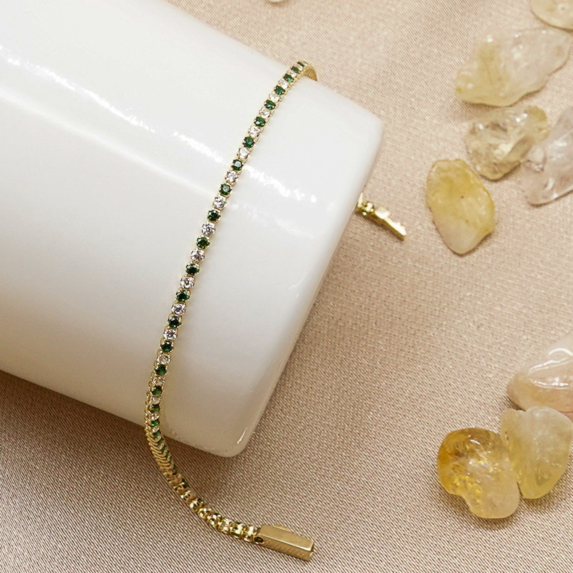14K Solid Gold Minimalist Gold Tennis Bracelet, Green Bracelet, Round Cut Tennis Bracelet