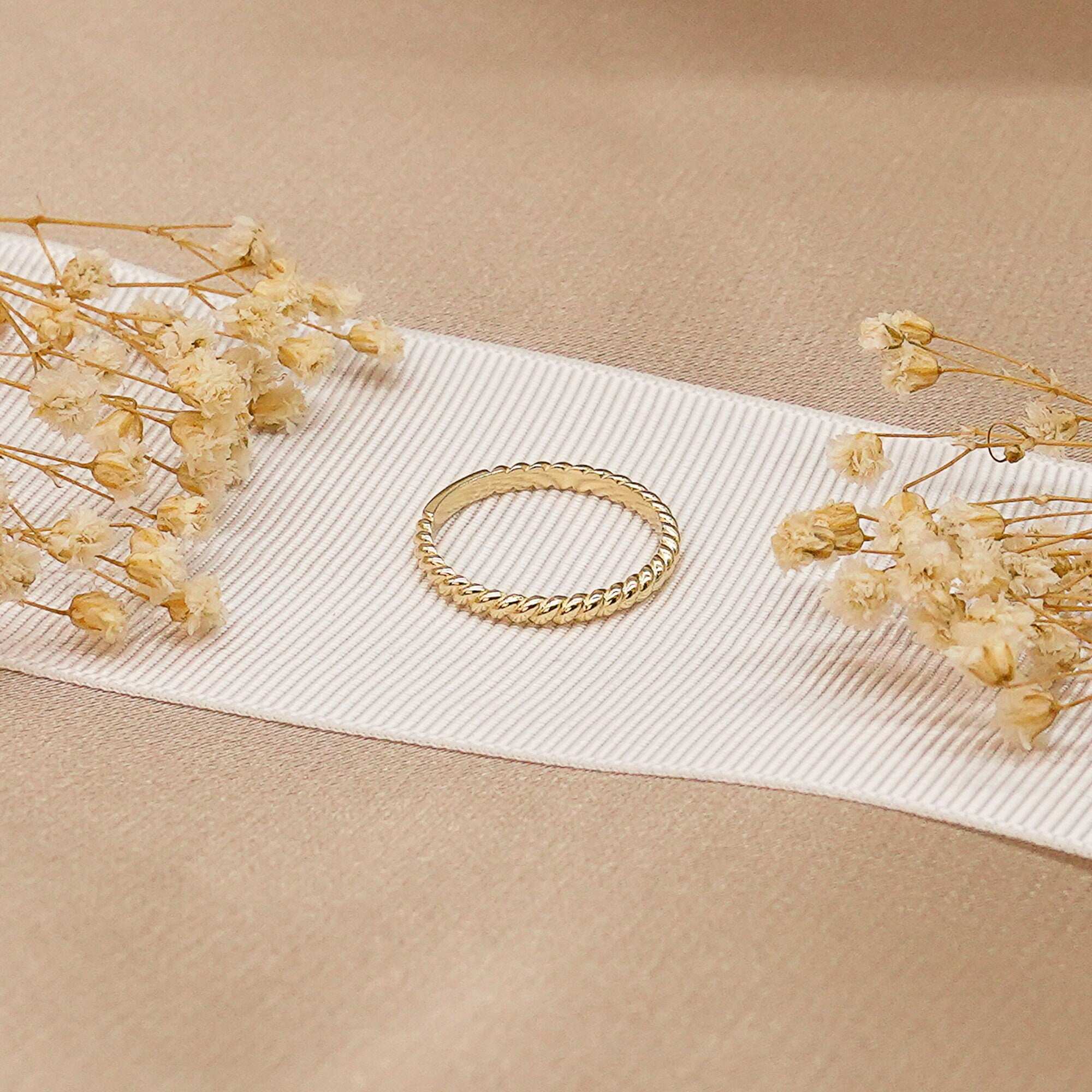 14K Solid Gold Twist Rope Ring, Gold Braided Ring