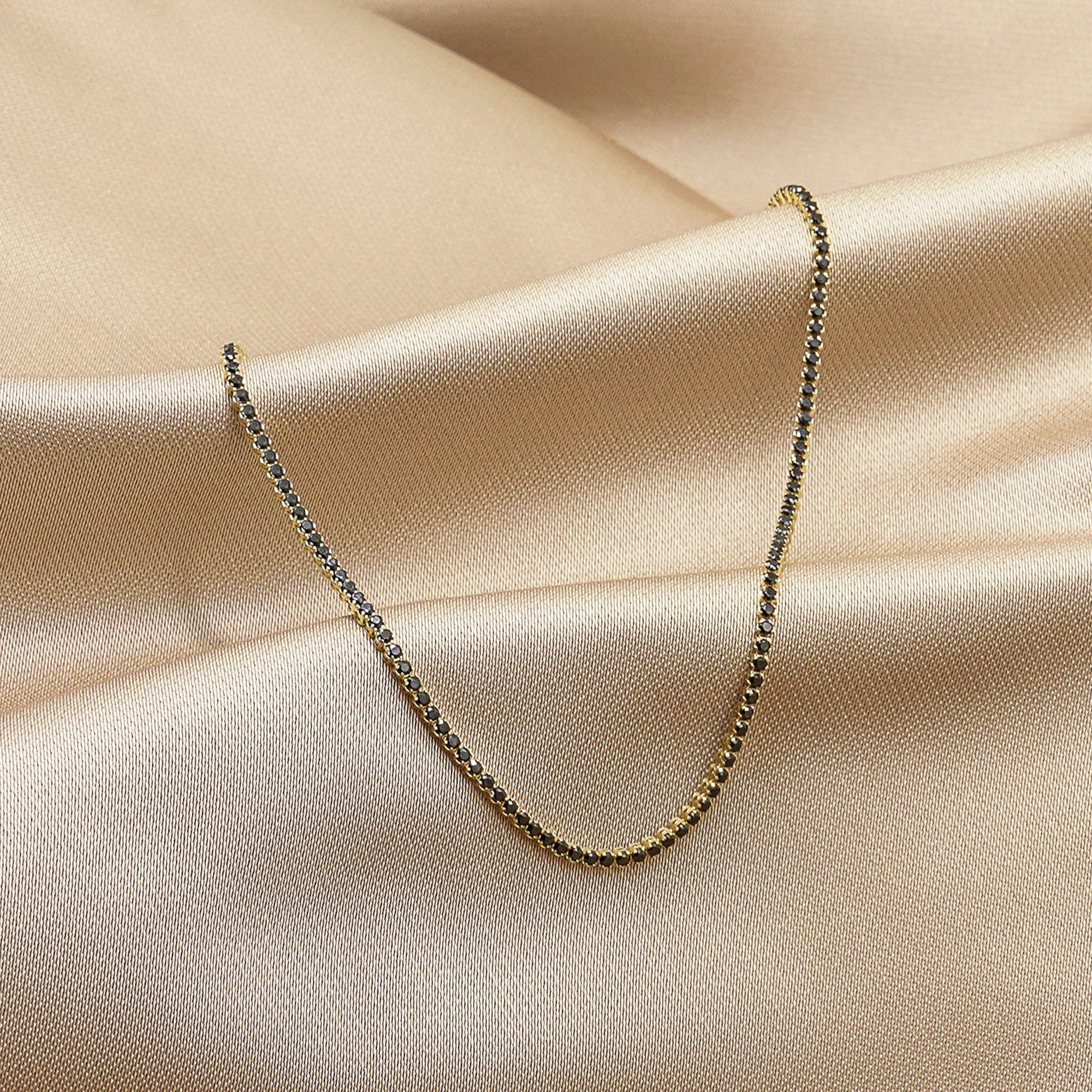 14K Gold Tennis Necklace, Tennis Choker Necklace, Black Color Stones