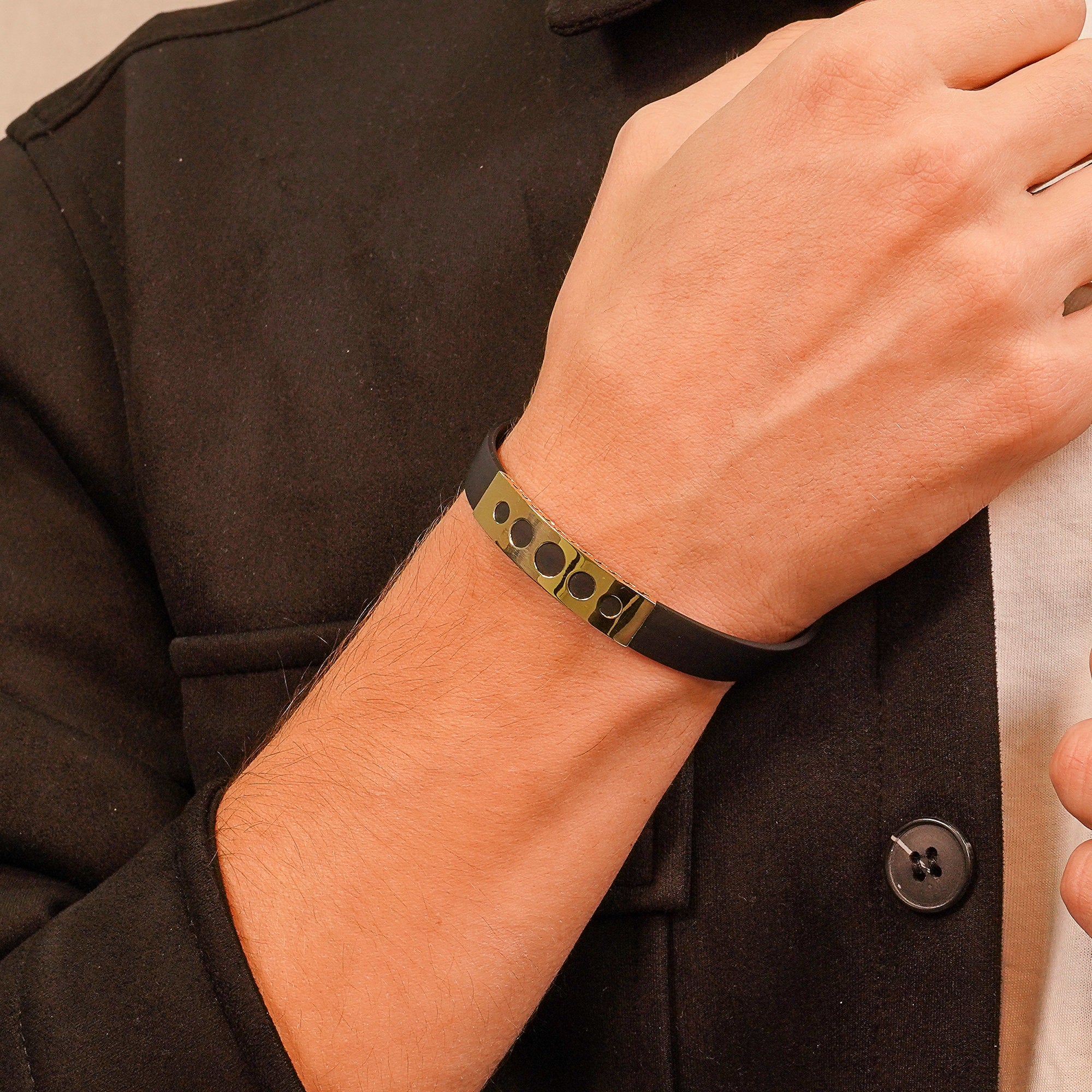 14K Solid Gold Bracelet For Men, Mens Bracelet, Black Rubber Cord Men Bracelet