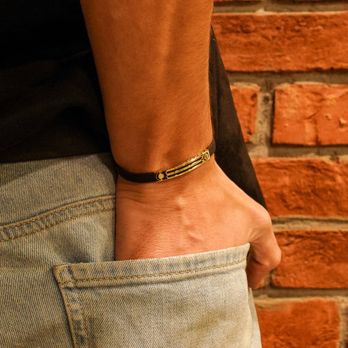 14K Solid Gold Bracelet For Men, Mens Bracelet, Black Rubber Cord