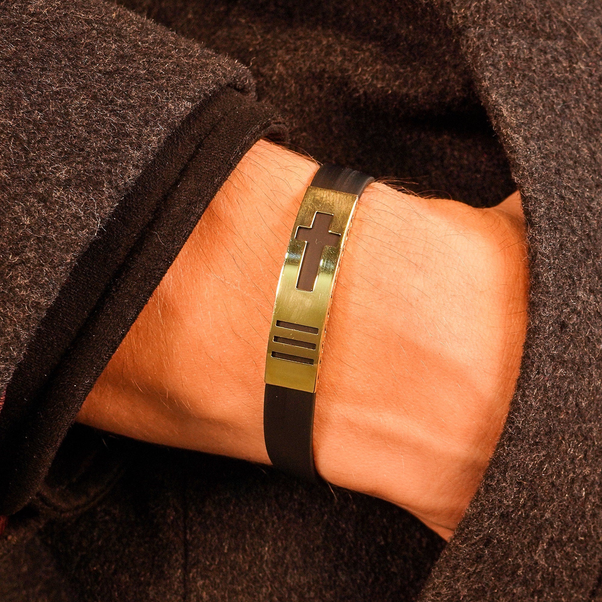 14K Solid Gold Bracelet For Men,  Black Rubber Cord, Mens Bracelet
