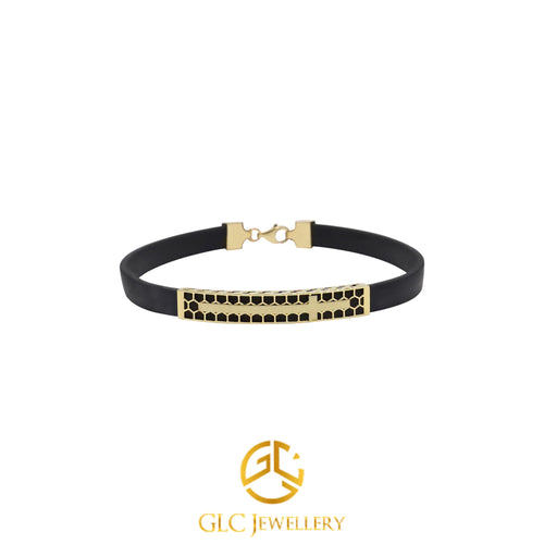 14K Solid Gold Bracelet Men, Black Rubber Cord