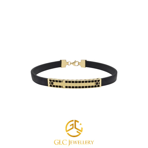 14K Solid Gold Bracelet For Men, Dainty Gold Black Rubber Cord