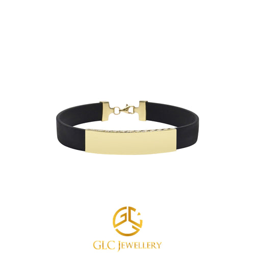 14K Solid Gold Black Rubber Bracelet For Men, Rubber Cord