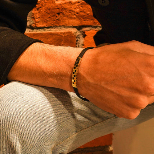 Men's Gold Bangle Bracelet, 14K Solid Gold Black Rubber Bracelet