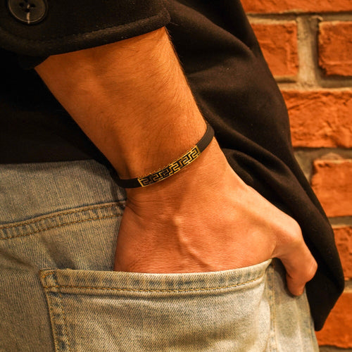 14K Solid Gold Men’s Bracelet, Black Rubber Cord, Shaped Bar Bracelet