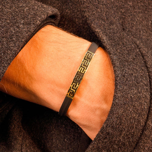 14K Solid Gold Men’s Bracelet, Black Rubber Cord, Shaped Bar Bracelet