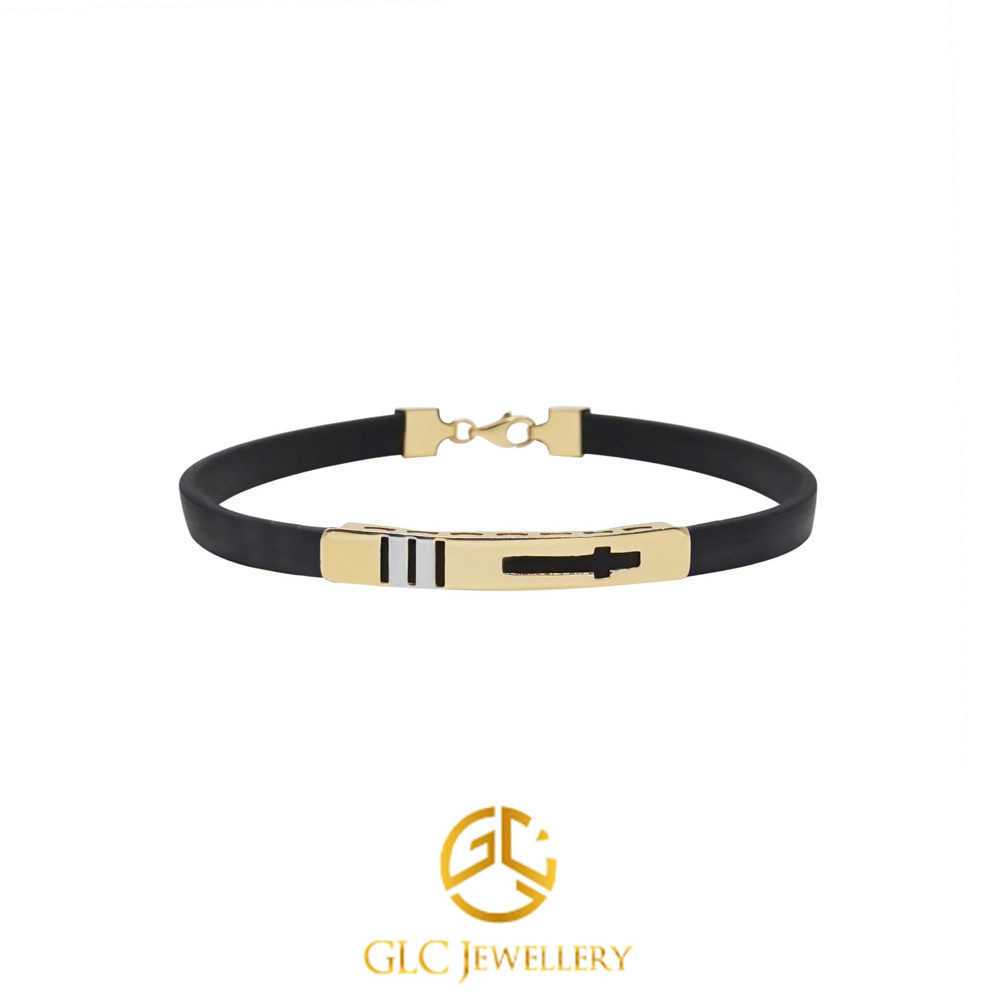 14K Solid Gold Bracelet Men, Black Rubber Cord Bangle Bracelet