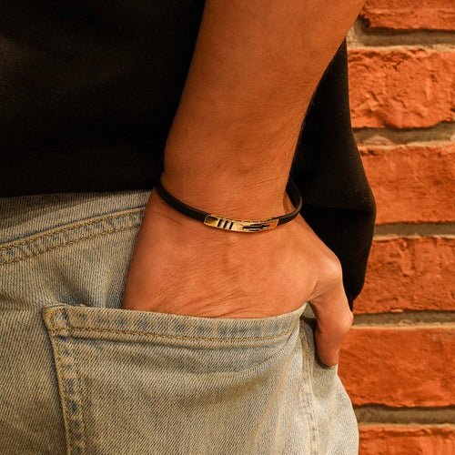 14K Solid Gold Bracelet Men, Black Rubber Cord Bangle Bracelet