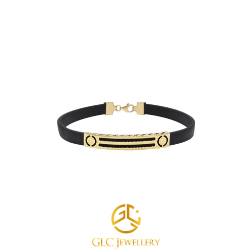 14K Solid Gold Bracelet For Men, Mens Bracelet, Black Rubber Cord