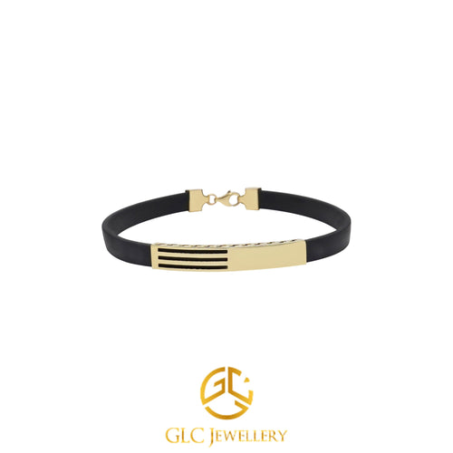 14K Gold Bracelet, Men Bracelet, Black Rubber Cord, Anniversary Gift