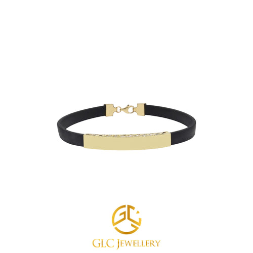 14K Solid Gold Bracelet, Unique Design Men Bracelet, Black Rubber Bracelet,