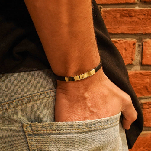 14K Solid Gold Bracelet, Unique Design Men Bracelet, Black Rubber Bracelet,