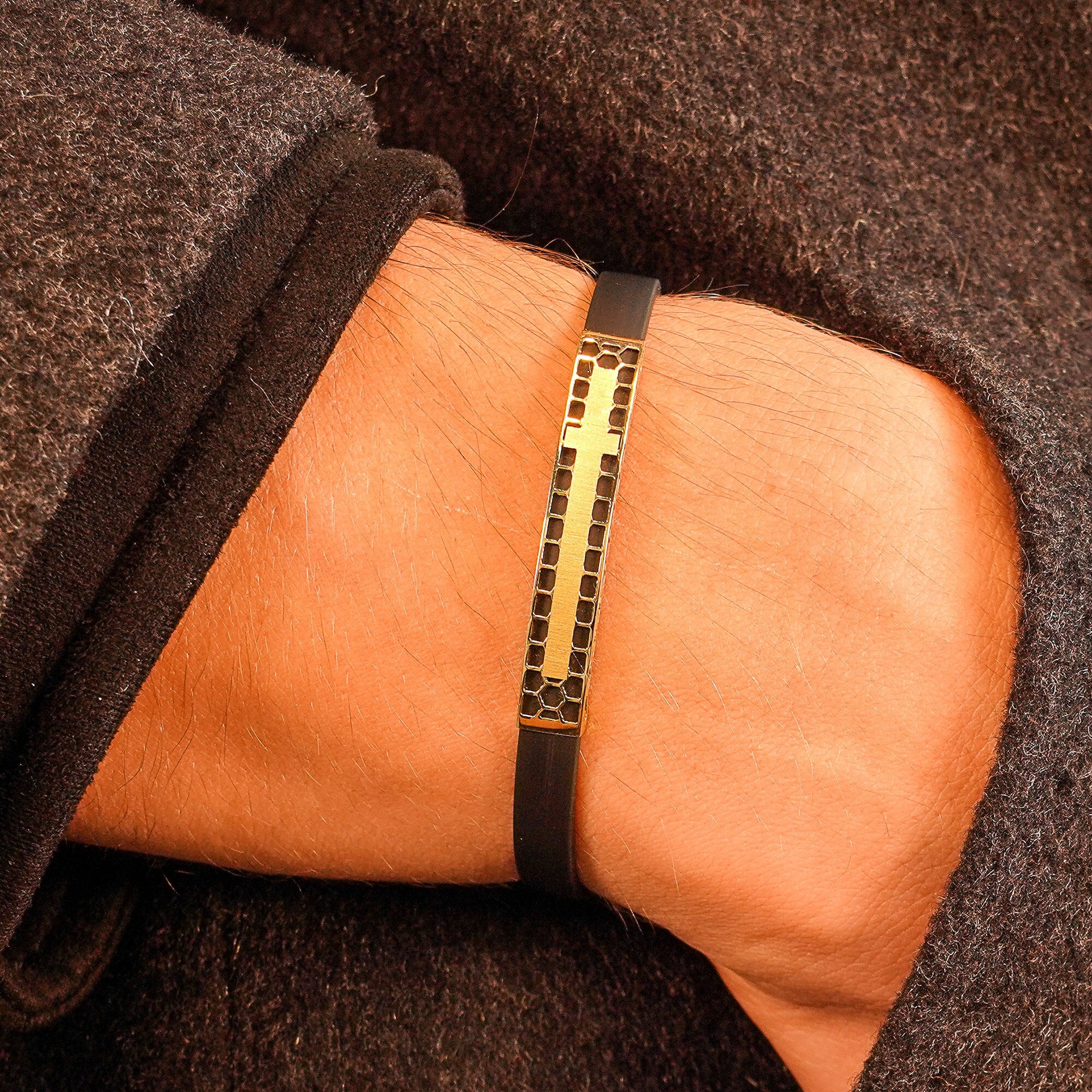 14K Solid Gold Bracelet For Men, Dainty Gold Black Rubber Cord