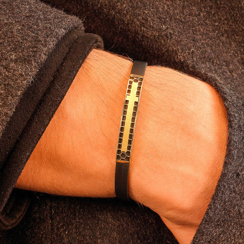 14K Solid Gold Bracelet For Men, Dainty Gold Black Rubber Cord