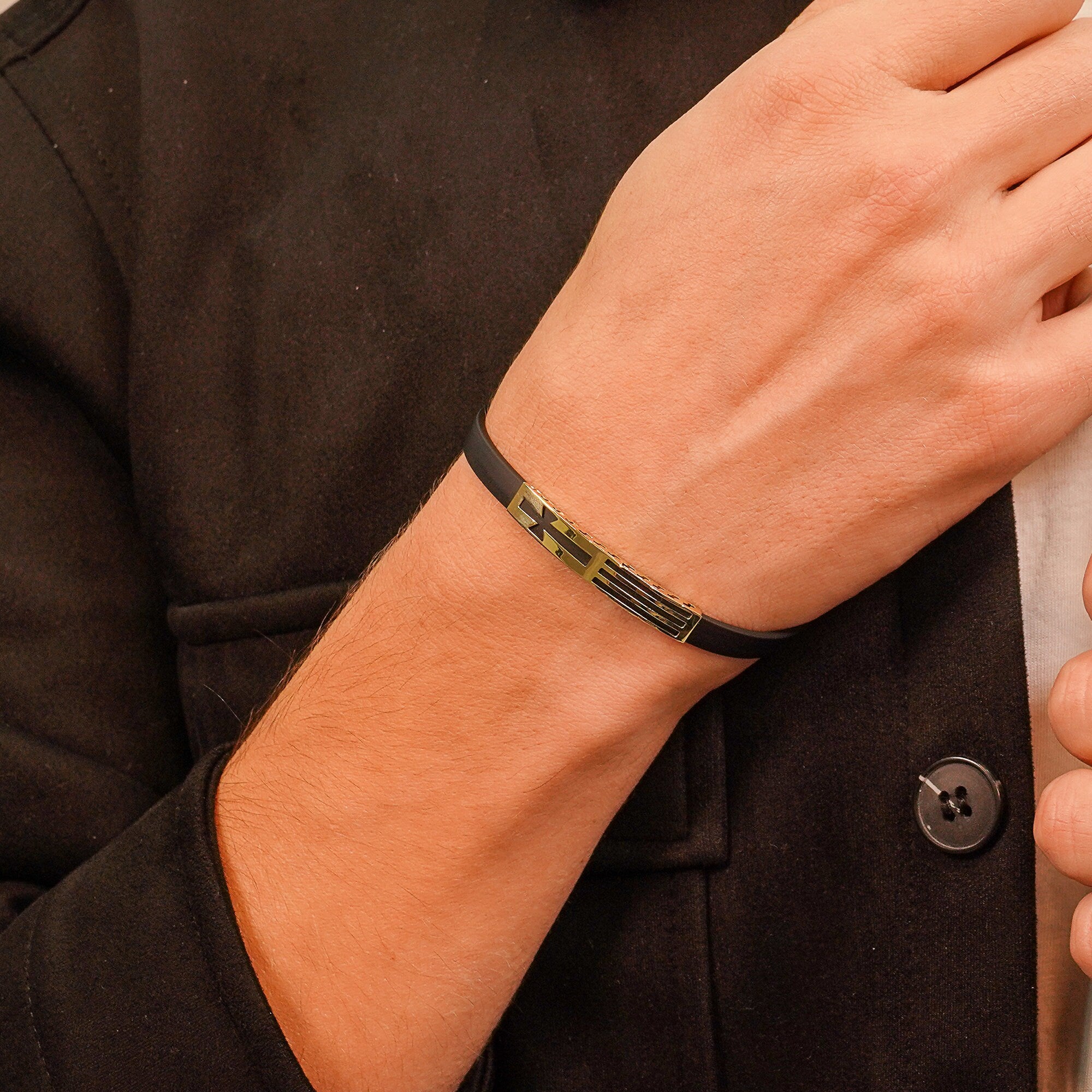 14K Solid Gold Men Bracelet, Black Rubber Cord, Gift For Him