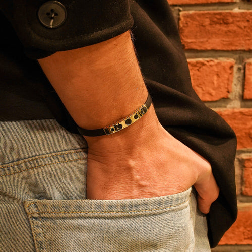 14K Solid Gold Bracelet Men, Black Rubber Cord, Square Shaped Bar Bracelet