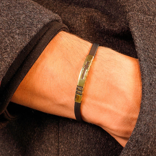 14K Solid Gold Bracelet Men, Black Rubber Cord Bangle Bracelet