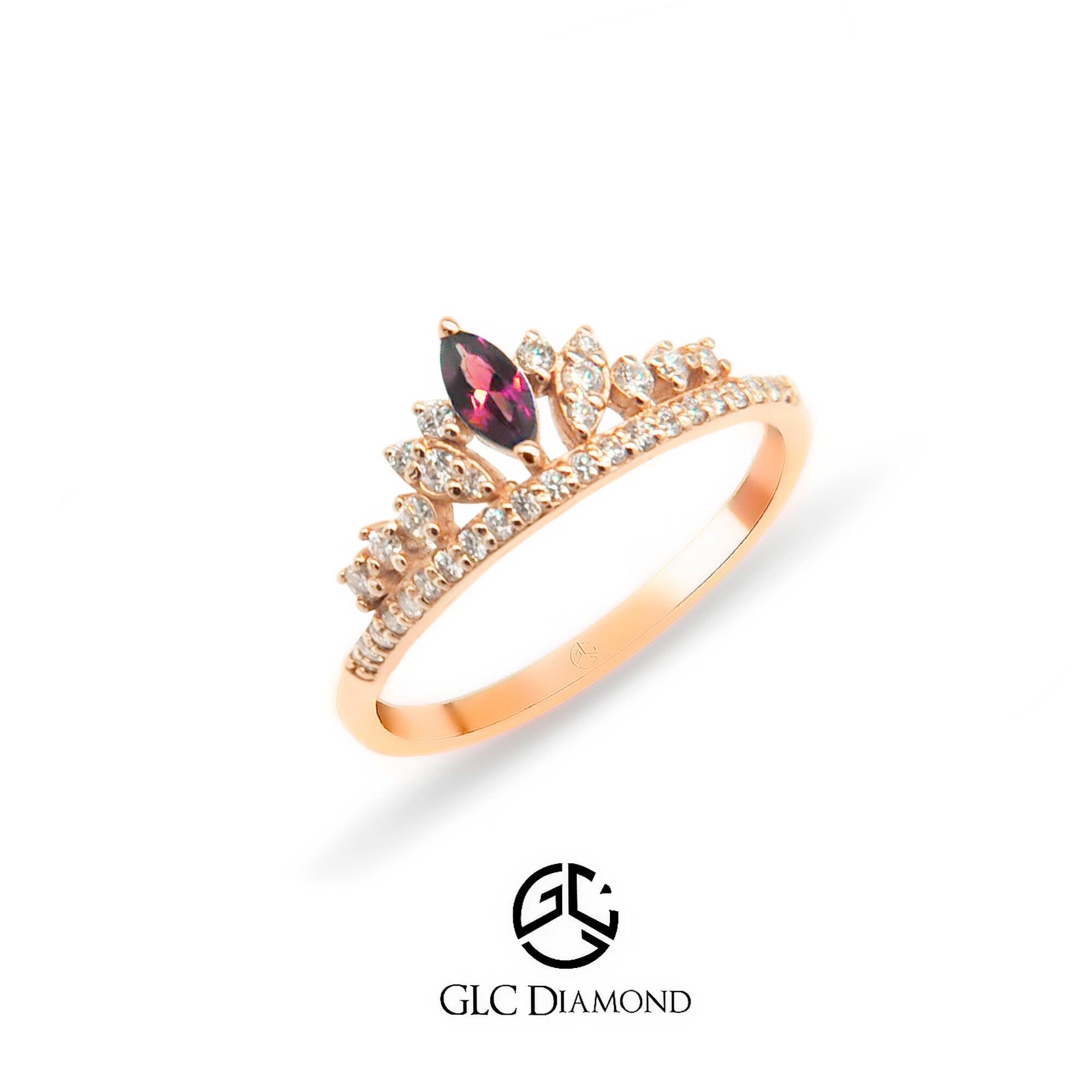 14K Gold Diamond Ruby Crown Ring, Handmade Princess Ring