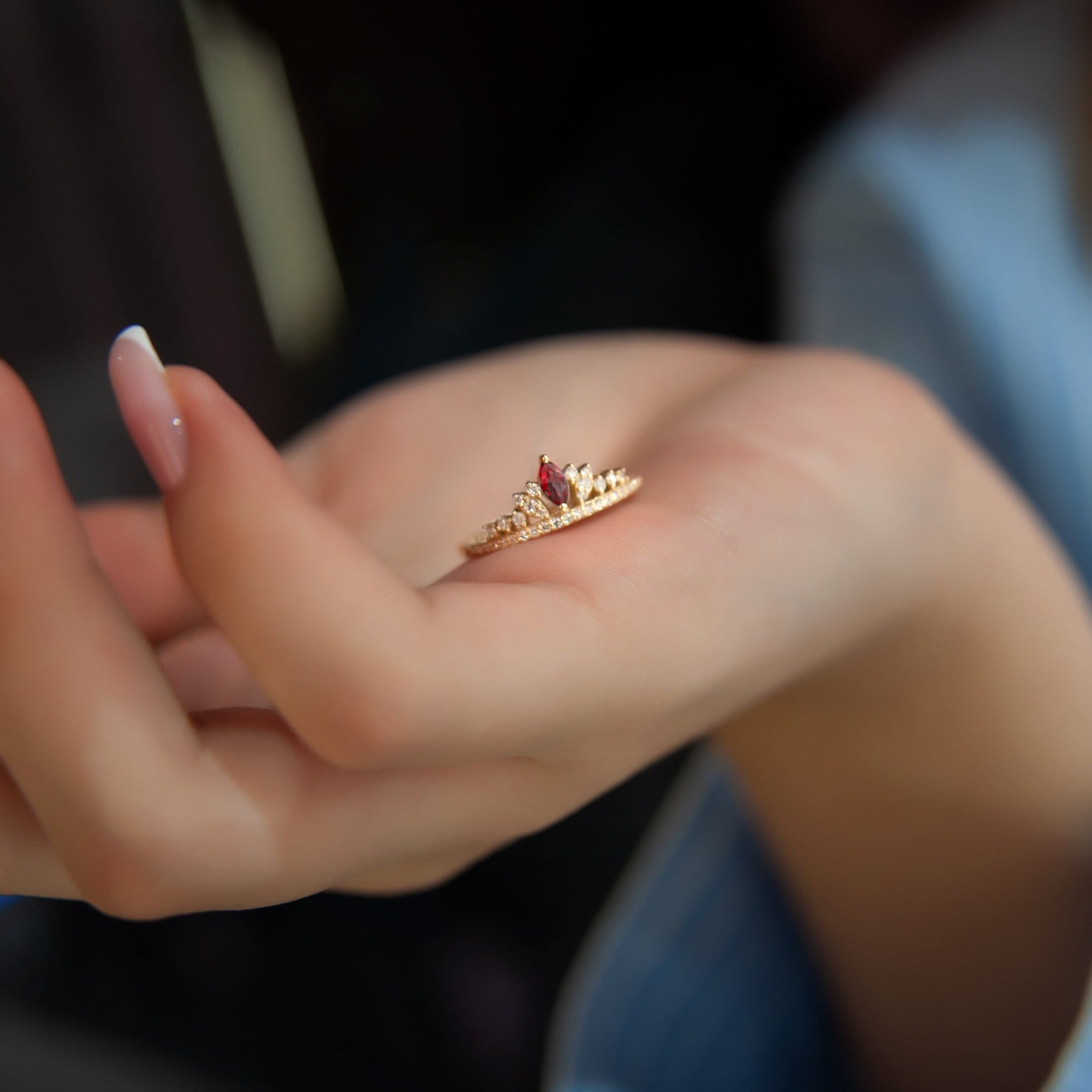 14K Gold Diamond Ruby Crown Ring, Handmade Princess Ring