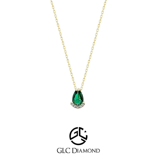 14K Solid Gold Pear Cut Green Emerald Necklace