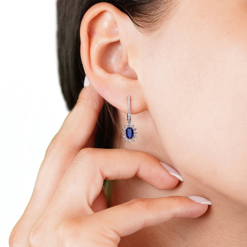 Sapphire Oval Halo Dangle Drop Diamond Earrings