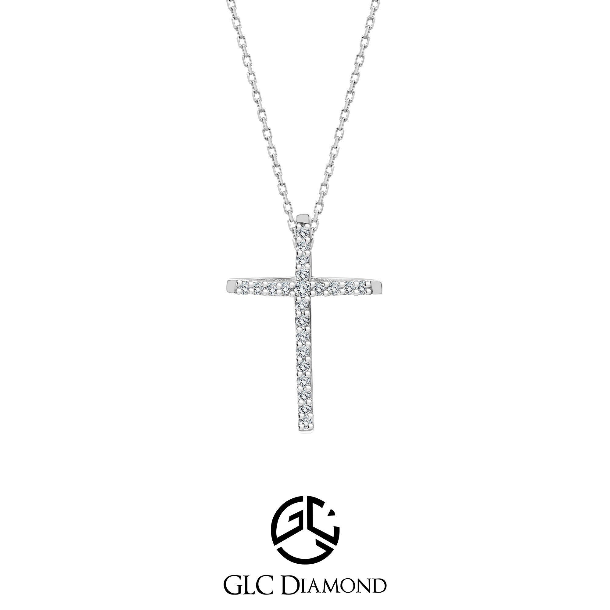 14K White Gold Cross Necklace, 0.14 Ct Diamond Cross Necklace, Art Deco Cross Pendant