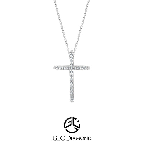 14K White Gold Cross Necklace, 0.14 Ct Diamond Cross Necklace, Art Deco Cross Pendant