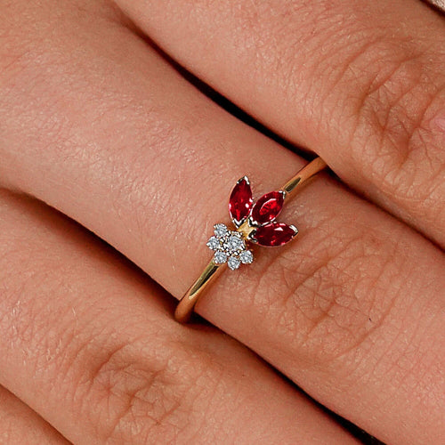 Diamond Ruby Flower Ring, 14K Gold Everyday Ring