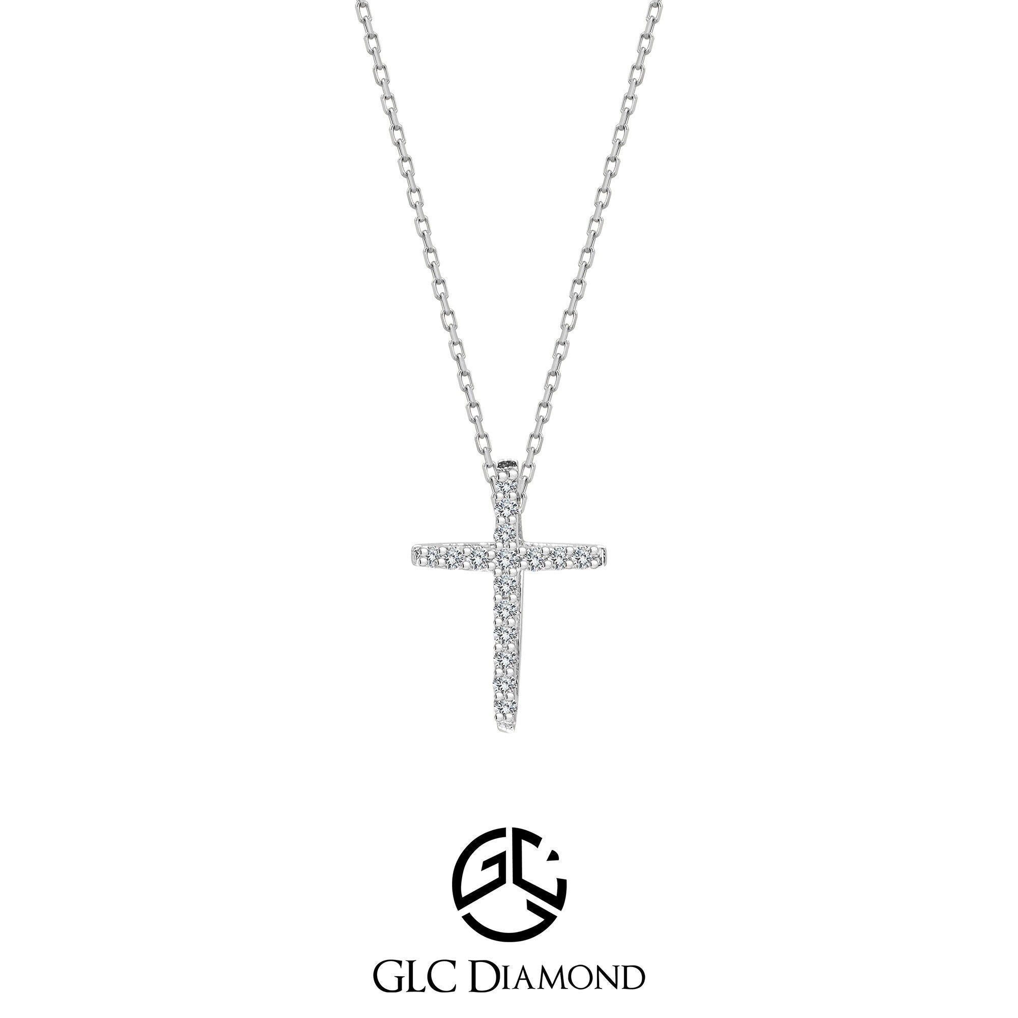 White Gold Cross Necklace, 0.10 CT Diamond Cross Necklace, Minimalist Cross Pendant