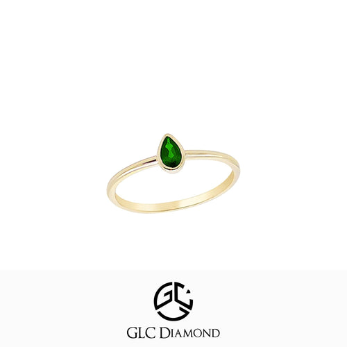 14K Solid Gold Pear Cut Solitaire Emerald Ring